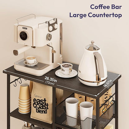 SWTYMIKI Kitchen Island Cart on Wheels - 28.35x14.57in Rolling Kitchen Table Cart with Storage Shelves, 6 Removable Hooks& Locking Casters, Coffee Bar Cabinet for Dining Room Pantry Office, Black