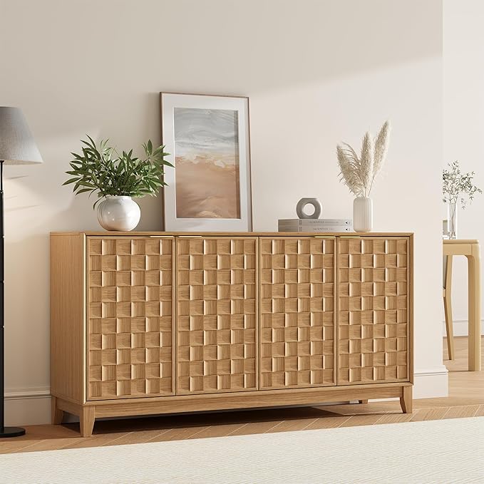 MALOL Sideboard Buffet Cabinet with Storage, Modern 4-Door Buffet Table with 3D Checkerboard Doors & Solid Wood Legs, Large Coffee Bar Cabinet for Dining Room, Living Room, Entryway, Neutral Wood