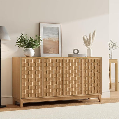 MALOL Sideboard Buffet Cabinet with Storage, Modern 4-Door Buffet Table with 3D Checkerboard Doors & Solid Wood Legs, Large Coffee Bar Cabinet for Dining Room, Living Room, Entryway, Neutral Wood