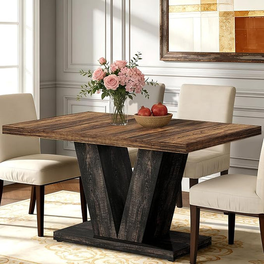 Oigavfd 47 Inch Dining Table, Rectangular Kitchen Table for 4 with Heavy Duty Pedestal Base, Modern Farmhouse Wood Dining Table for Dining Room, Kitchen, and Small Space (Black and Brown)