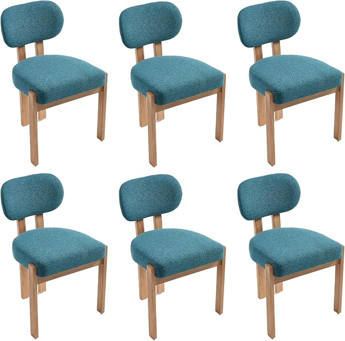 Chenille Dining Chairs Set of 6, Comfy Upholstered Dining Room Chairs Mid Century Modern Farmhouse Fabric Kitchen Chairs with Rubber Wood Legs for Dining Room Kitchen Island Home (Teal)