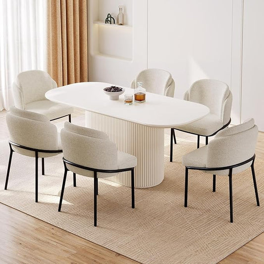 Miuuod 62.99" Large Modern Dining & Kitchen Table Set for Dining Room,with 6 Upholstered Chairs for 6-8 People,Oval Elegant Dining Table,Cream White