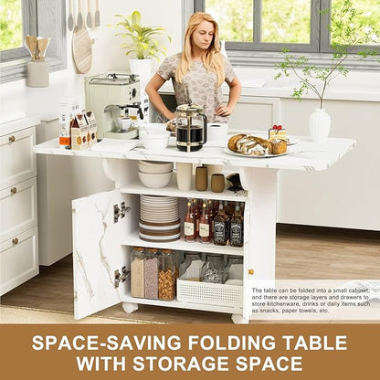 Folding Dining Table for 4-6 with Storage Rack and Cabinet, White Marble Color Kitchen Island, Versatile Space-Saving Table