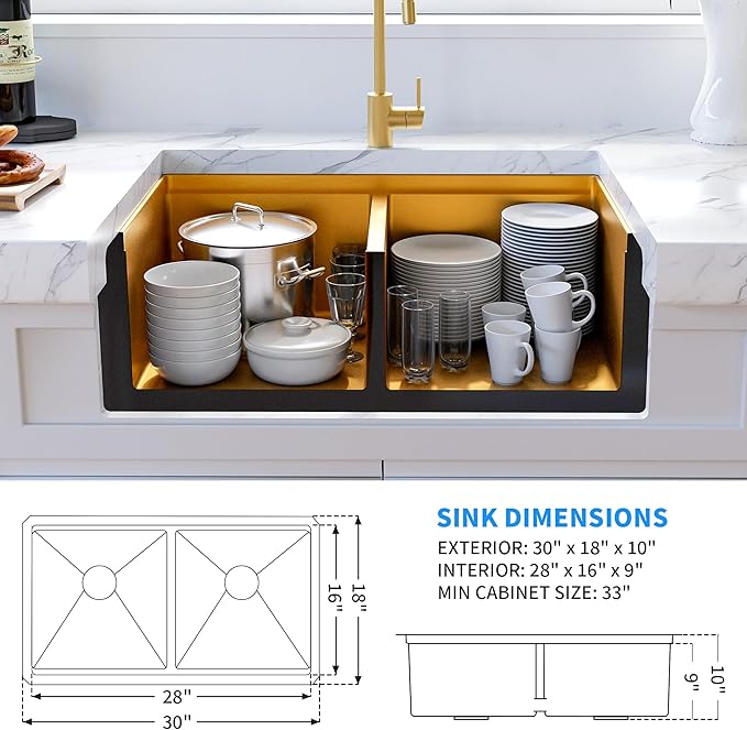 MILOSEN 30x18 Inch Gold Undermount Kitchen Sink, 50/50 Gold Double Bowl Workstation Sink with Integrated Ledge & Accessories,10''Large and Deep T304 Stainless Steel Handmade Sinks