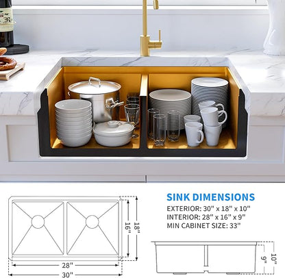 MILOSEN 30x18 Inch Gold Undermount Kitchen Sink, 50/50 Gold Double Bowl Workstation Sink with Integrated Ledge & Accessories,10''Large and Deep T304 Stainless Steel Handmade Sinks