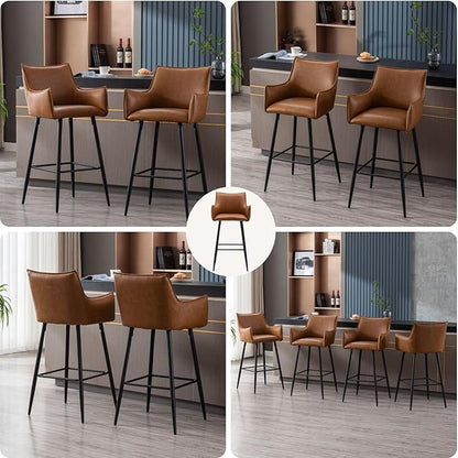 Brown Leather Counter Stools Set o f 4, Mid Century Modern Upholstered Kitchen Chairs with Arms and Black Metal Legs 26” Height Stools with Back for Dining Room Home Pub Faux Leather in Brown