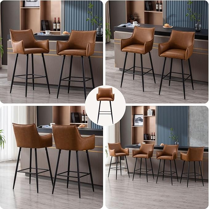 Brown Leather Bar Stools Set of 4, Mid Century Modern Upholstered Kitchen Chairs with Arms and Black Metal Legs 30” Height Stools with Back for Dining Room Home Pub Faux Leather in Brown