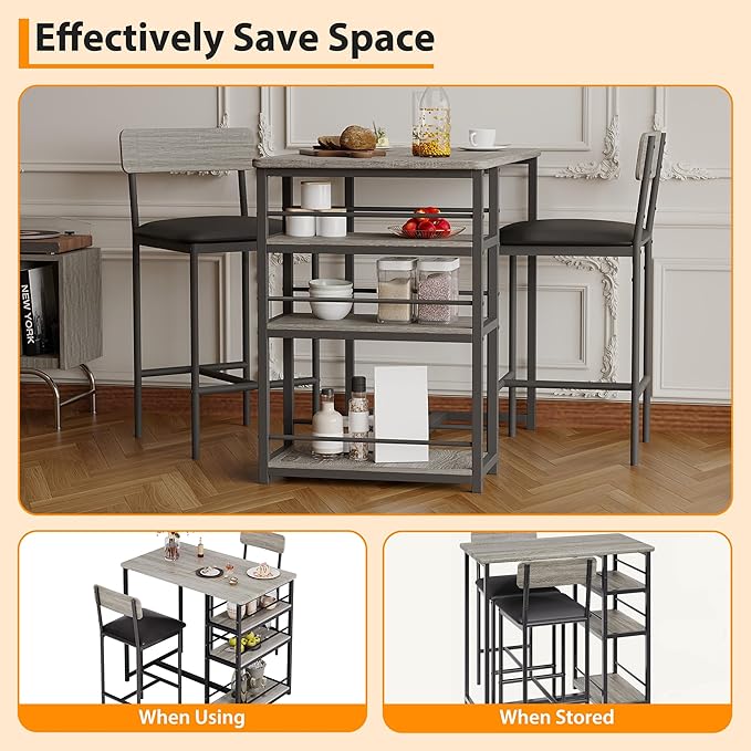 Bar Table Set with 3 Storage Shelves, Dining Table for 2 with Chairs, Space-Saving Breakfast Table, Tall Kitchen Island with Seating for Small Apartment, Grey