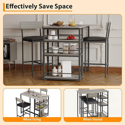 Takywep Dining Table Set for 2 with 3 Large Storage Shelves, Kitchen Table and Chairs for 2 with Pu Cushion Chairs & Thick Wood Top, 3 Piece Dining Table Set for Small Space, Apartment, Gray