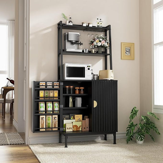 58” Pantry Cabinets with Microwave Shelves, Small Kitchen Pantry Storage Cabinet with Adjustable Shelves, Freestanding Buffet Cupboards Sideboard for Kitchen, Dining Room, Living Room Use (Black)
