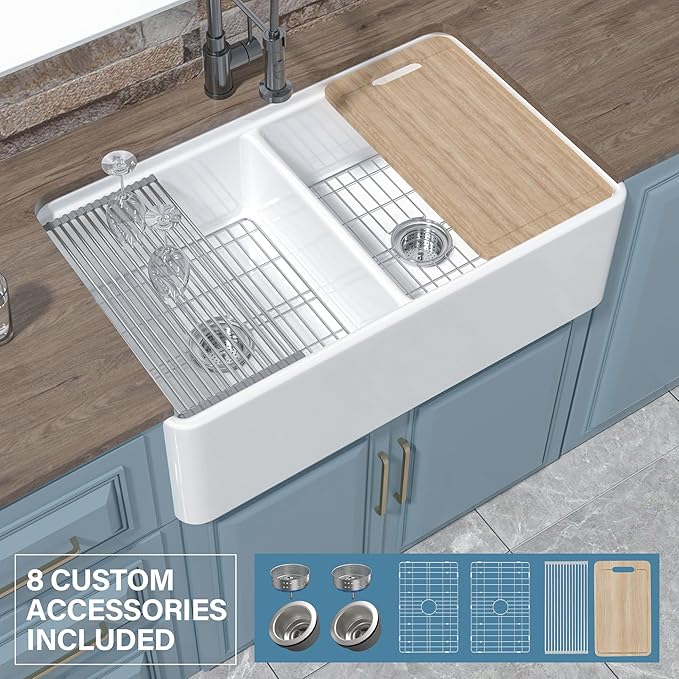 Double Bowl Farmhouse Sink Workstation White 33 x 20 Inch, Firecaly Apron Front Undermount Farm Sink Reversible(Sleek & Fluted Optional), Heavy-duty Dual Basin 50/50, for Kitchen