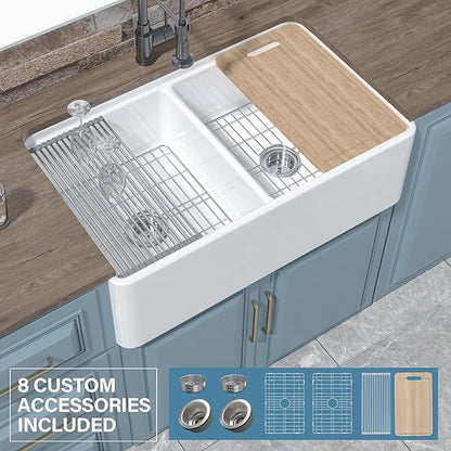 Double Bowl Farmhouse Sink Workstation White 33 x 20 Inch, Firecaly Apron Front Undermount Farm Sink Reversible(Sleek & Fluted Optional), Heavy-duty Dual Basin 50/50, for Kitchen