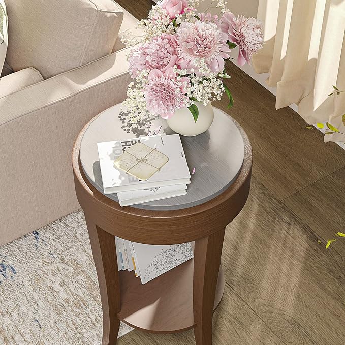 SUNBURY Farmhouse End Table with Open Storage Shelves, 16" W Round Wood Side Table, MDF Accent Nightstand for Living Room, Bedroom, and Dining Room (Dark Gray & Rustic Brown)