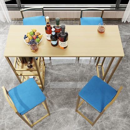 5-Piece Bar Height Table and Chairs Set - Gold Frame Bar Table with Storage & Sponge-Cushioned Chairs,Kitchen Table, Kitchen Island Seating, or Dining Table Set (Gold,Light Beige,Navy Multi)