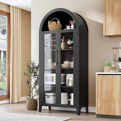 IDEALHOUSE Arched Kitchen Pantry Storage Cabinet - Farmhouse 5-Tier Display Shelf with 2 Large Glass Doors and Adjustable Shelf, Versatile Cupboard for Kitchen, Dining Room, Living Room, Black
