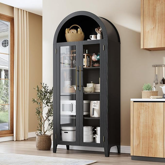 IDEALHOUSE Arched Kitchen Pantry Storage Cabinet - Farmhouse 5-Tier Display Shelf with 2 Large Glass Doors and Adjustable Shelf, Versatile Cupboard for Kitchen, Dining Room, Living Room, Black