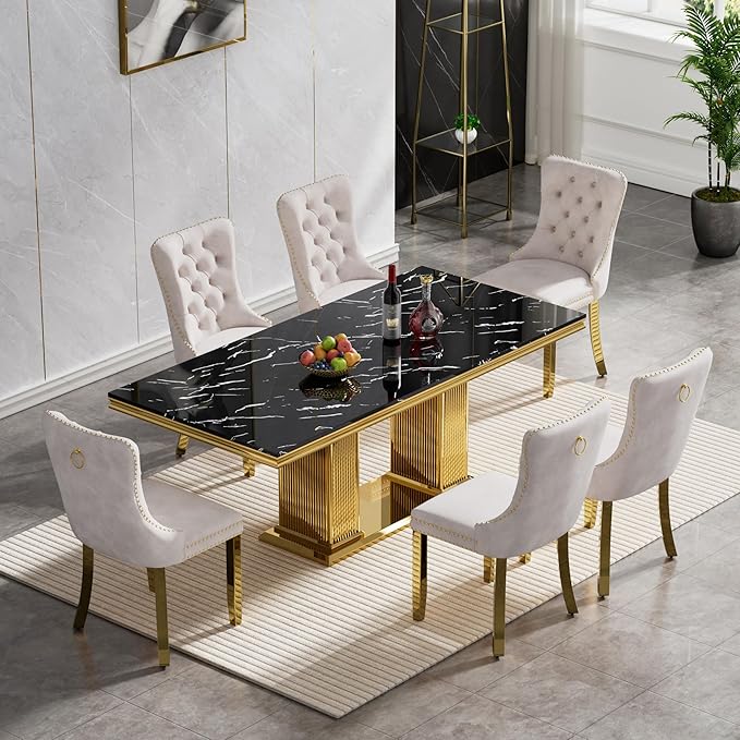 Henf Black Dining Table for 4 6, 68" Marble Dining Room Table with Gold Stainless Steel Double Pillar Base, Modern Kitchen & Dining Room Tables Rectangle Faux Marble Dinner Table for 4 6