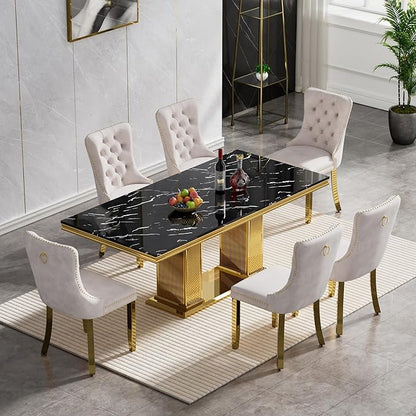 Henf Black Dining Table for 4 6, 68" Marble Dining Room Table with Gold Stainless Steel Double Pillar Base, Modern Kitchen & Dining Room Tables Rectangle Faux Marble Dinner Table for 4 6