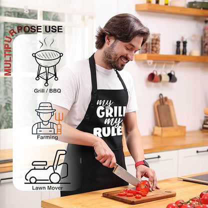 TOSHE Funny Apron Waterdrop Resistant Cotton Apron with adjustable Aprons for Women with Pockets 12 Color option Cooking (Black - My Grill My Rules)