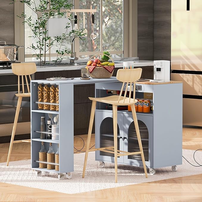 Modern Dining Table with Kitchen Island on Wheels Expandable Wood Table with Counter Console Living Room Luxury Decor,Blue-MDF