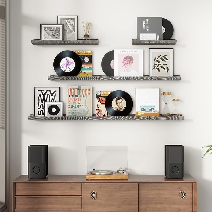 FLYJOE Picture Ledge Wall Shelves - 24 Inch Width Set of 3, Solid Pine Wood Rustic Floating Ledge Shelves for Kids' Room, Bedroom, Kitchen, Bathroom, Living Room, Nursery Display Wall Decor, Grey