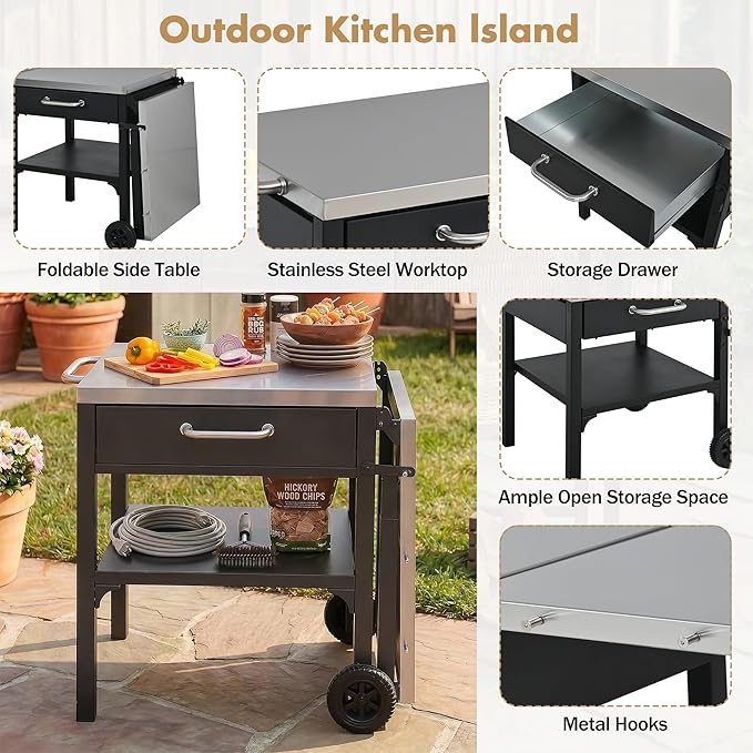 JIJIWANG 54.7" Outdoor Kitchen Island with Stainless Steel Top and Foldable Table, Kitchen Island with Drawer and Shelf, BBQ Cart with Wheels for Backyard Patio Black