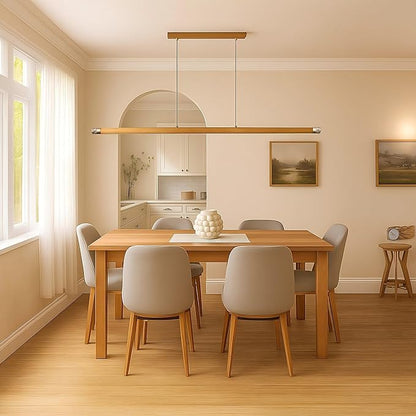 47" Wood Linear Pendant Light, Modern Wabi-Sabi Chandelier with Handcrafted Walnut & Brass, 3 Color Temperatures (3000K-6000K), Hanging Light Fixture for Dining Room, Kitchen, Bedroom