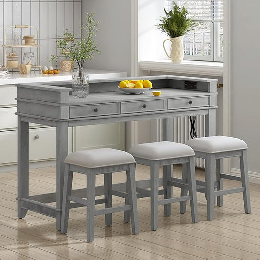 Merax 4-Piece Wood Dining Set with USB Charging- Breakfast Table with 3 Upholstered Bar Stool for Kitchen Dining Room Gray