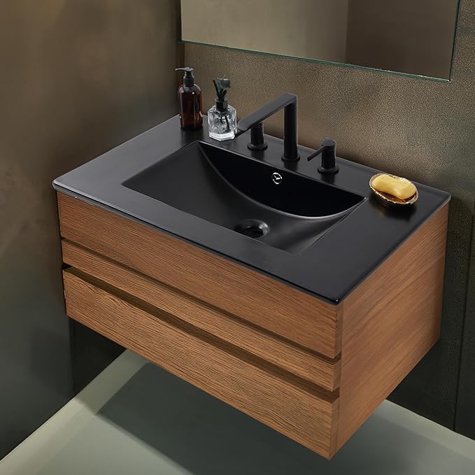 JONATHAN Y SNK1002B Ancillary 3-Hole 30 in. W x 18.25 in. D Classic Contemporary Rectangular Ceramic Single Sink Basin Vanity Top, Black