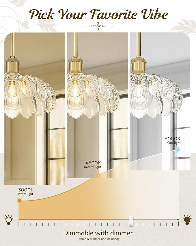 FEMILA 10.4" Gold Pendant Light, Vintage Pendant Lighting with Flower Glass, Pendant Light for Kitchen Island Bedroom Hotel Living Room, 4FJX82MIL BG