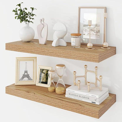 Acovy 24 Inch Floating Shelves, 9.3" Deep Floating Shelf Wall Mounted, 24" Wall Shelves, Rustic Deep Bookshelf, Large Display Shelves & Storage Shelves for Bedroom, Living Room, Light Brown, Set of 2
