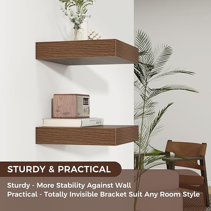 Venusmiles Square Floating Shelves for Wall, 12" W x 12" D x 2" H, 2 Pack, Small Wall Mounted Engineered Wood Shelves with Invisible Brackets for Living Room, Bedroom, Bathroom, Kitchen Decor, Walnut