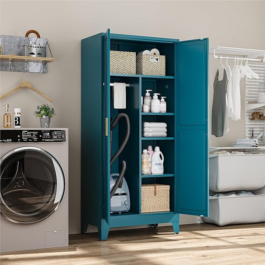 Metal Combination Cabinet, Utility Storage Cabinet with 4 Shelves, Farmhouse Pantry Closet with Doors, 71" Tall Storage Cabinets with Hanging Rod and Clothing Shelf for Hallway Laundry Mudroom