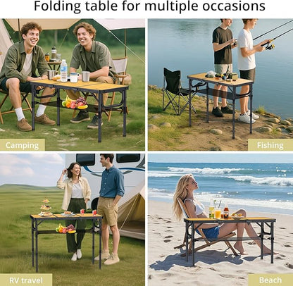 Anbte 3ft Camping Table Foldable with Storage Net and Bag, 3 Adjustable Heights High 27.5" Aluminum Camping Table Portable, for Outdoor Indoor Backyard BBQ Cooking Party Picnic Beach, Light Oak Grain