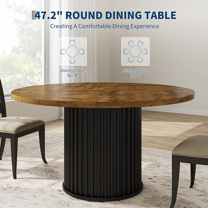 GarveeHome 47" Round Dining Table for 4-6 People, Dining Room Table with Sturdy Waveform Metal Pedestal Base, Farmhouse Circle Kitchen Table for Dining Room, Kitchen