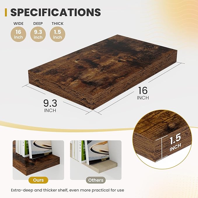 Acovy 16 Inch Floating Shelves, 9.3" Deep Floating Shelf Wall Mounted, 16" Wall Shelves, Rustic Deep Bookshelf, Large Display Shelves & Storage Shelves for Bedroom, Living Room, Brown, Set of 2