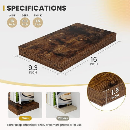 Acovy 16 Inch Floating Shelves, 9.3" Deep Floating Shelf Wall Mounted, 16" Wall Shelves, Rustic Deep Bookshelf, Large Display Shelves & Storage Shelves for Bedroom, Living Room, Brown, Set of 2