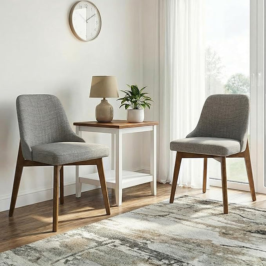 Casaphoria Set of 2 Dining Room Chairs, Mid Century Modern Accent Chairs with Cushioned Seat and Weathered Oak Wood Legs, Light Grey Fabric Dining Chairs for Kitchen, Bedroom, or Office Use
