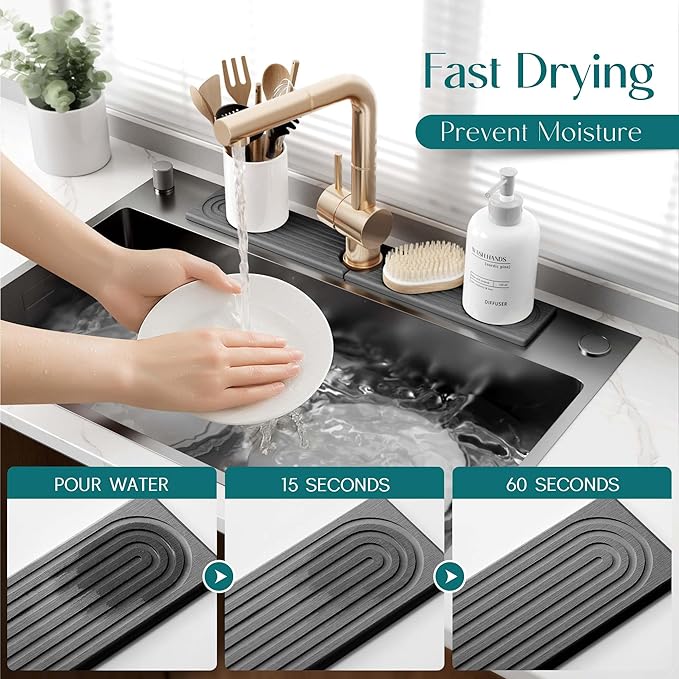 eormoe Kitchen Sink Splash Guard – Stone Faucet Mat for Kitchen Sink, Diatomite Drying Mat, Modern Kitchen & Bathroom Countertop Accessories (Dark Grey, 23.6" x 3.9")