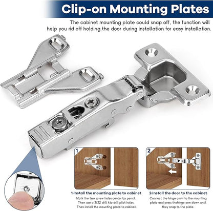 50 Pack 1/2'' Overlay Face Frame Soft Close Hidden Cabinet Hinges, 105 Degree 3D Adjustable Clip On Plate Concealed Kitchen Cupboard Door Hinges with Screws