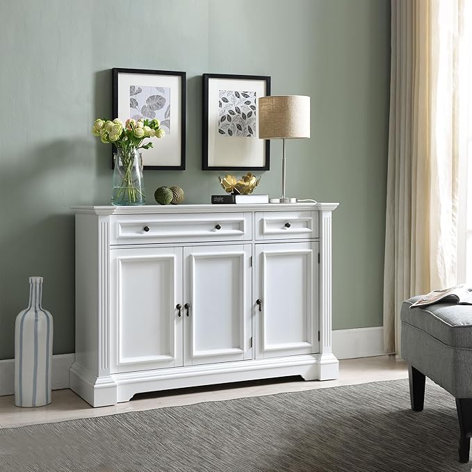 Kings Brand Furniture Wood Buffet Breakfront Cabinet Console Table with Storage, Drawers, Shelves,White