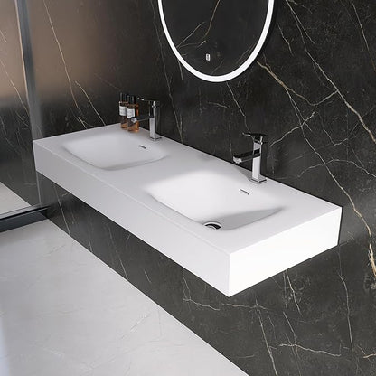 Wall Mount Double Bathroom Sink 47"L x 18"W x 5"H, Resin Stone Floating Sink with Facuet Holes, Rectangle Countertop Freestanding Vessel Sinks (Double Holes 47'')