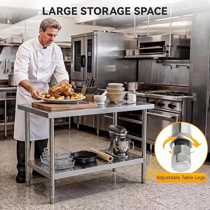 DWVO 48x24in Stainless Steel Table, NSF Metal Prep Worktable with Adjustable Shelf for Kitchen Restaurant Hotel Garage Warehouse Home