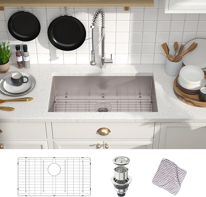 MENSARJOR Undermount Kitchen Sink, 304 Stainless Steel Round Corner Single Bowl Deep Kitchen Sinks, 10-inch Deep Large Bar Sink, 32"X19"Inch