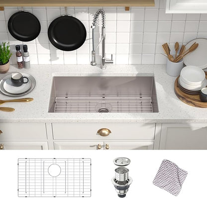MENSARJOR Undermount Kitchen Sink, 304 Stainless Steel Round Corner Single Bowl Deep Kitchen Sinks, 10-inch Deep Large Bar Sink, 32"X19"Inch