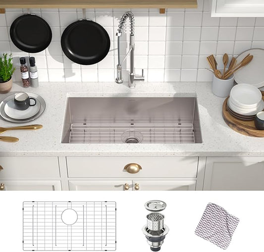 MENSARJOR Undermount Kitchen Sink, 304 Stainless Steel Round Corner Single Bowl Deep Kitchen Sinks, 10-inch Deep Large Bar Sink, 32"X19"Inch
