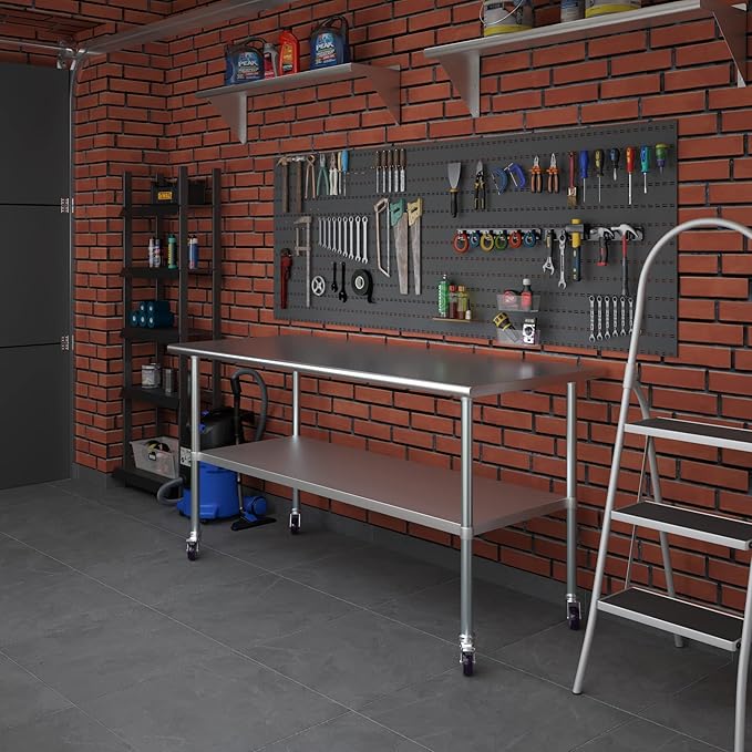 Stainless Steel Work Table with Wheels | NSF Kitchen Island Food Prep | Laundry Garage Utility Bench (Table + Wheels, 72" Long x 30" Deep)