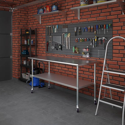 Stainless Steel Work Table with Wheels | NSF Kitchen Island Food Prep | Laundry Garage Utility Bench (Table + Wheels, 72" Long x 30" Deep)