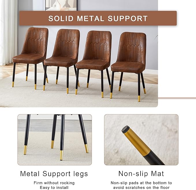 Round Dining Table Set with 2 Brown Technology-Fabric Chairs, 31.5 Inch Dark Wood Grain Table with Suction Molding Annular Texture and Gold Leg Decoration, for Kitchen and Dining Room