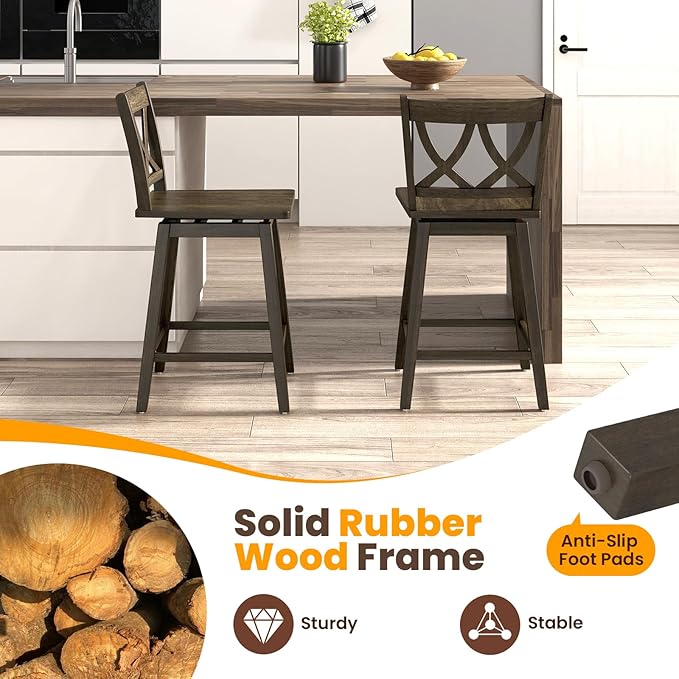 Giantex 24" Bar Stools Set of 2, Swivel Wooden Bar Chairs with Rubber Wood Frame, Footrest & Ergonomic Backrest, Counter Height Barstools for Kitchen Island, Restaurant & Pub, Dark Grey